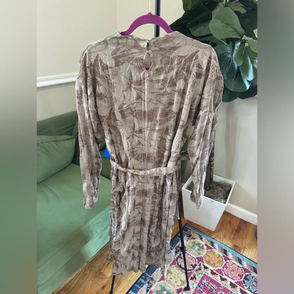Zara Jacquard Midi Tie Waist Crinkle Detail Dress Brown Full sleeves high neck M - Picture 9 of 17